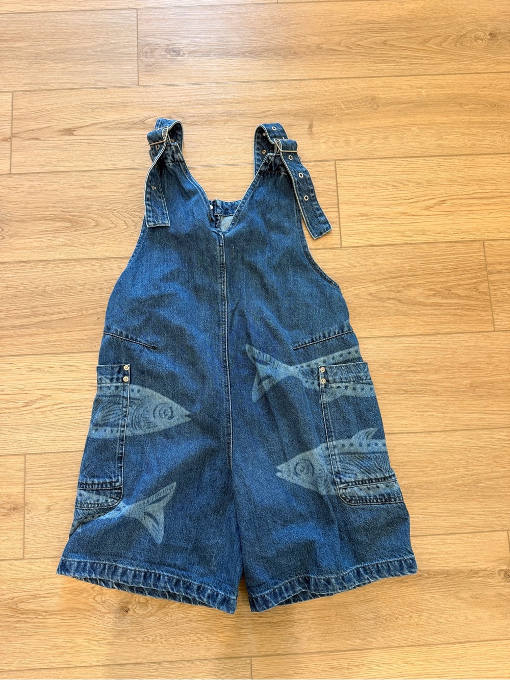 Free People Set It Off Fish Print Denim Shortalls - Picture 3 of 3